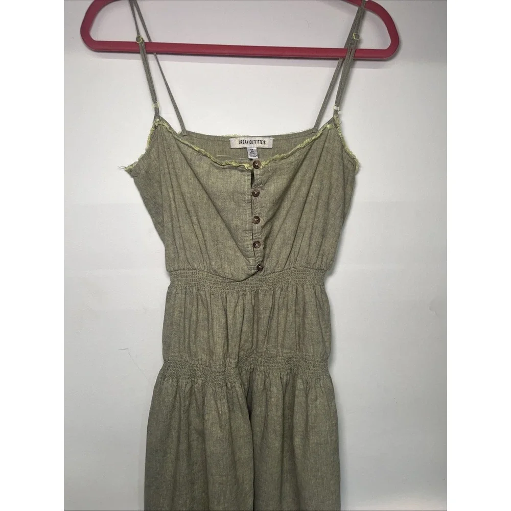 Urban Outfitters Linen Blend Midi Dress Sage Olive Green Smocked Button Front M - Picture 4 of 13